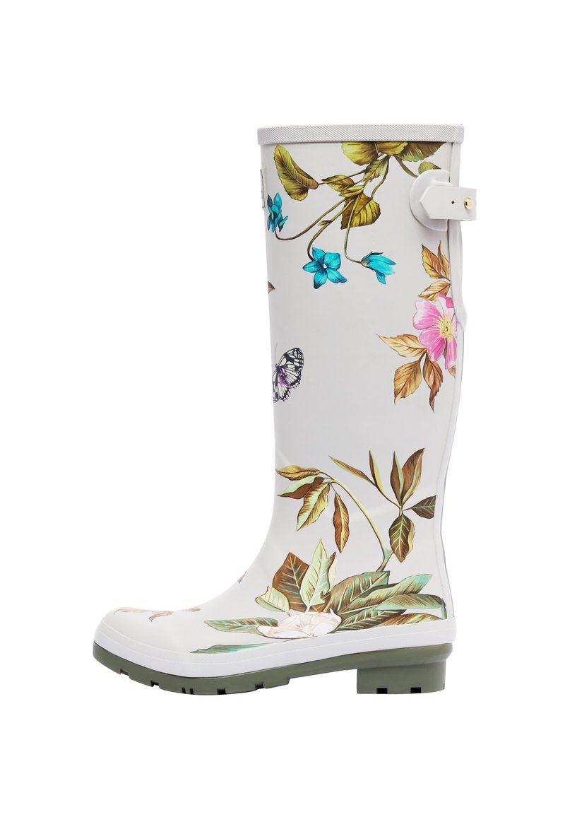 Botas de lluvia blancas con estampado floral y suela verde, que cuentan con un acento de correa lateral y una textura suave para resistencia al agua.