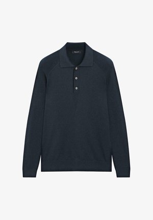 Polo in maglia a maniche lunghe di colore blu navy scuro con patta a tre bottoni e trama a coste sulle spalle e sui polsini.