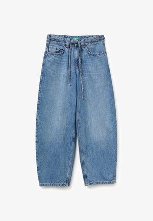 Light blue denim wide-leg pants with a drawstring waist, featuring front pockets and a relaxed silhouette. Stonewashed texture.