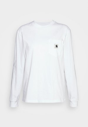 Long-sleeve white t-shirt made of cotton, featuring a chest pocket with a square logo patch, round neckline, and ribbed cuffs.