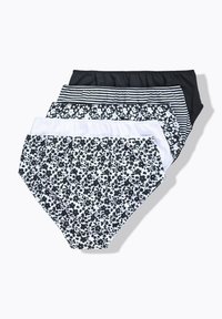 Sada tří dámských kalhotek v černé, bílé a květinové vzory. Obsahuje různé designy: jednobarevné, pruhované a květinové, s elastickými pásky.