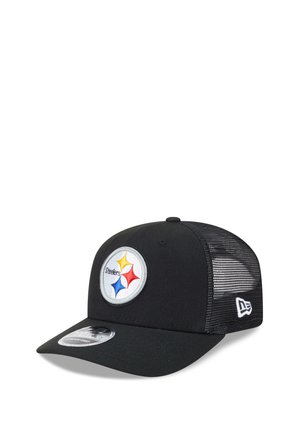 Black mesh baseball cap with Pittsburgh Steelers logo on front and New Era logo on side, displayed against a white background.
