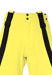 Geel broek met zwarte verstelbare bretels, voorzien van twee zwarte knopen bij de taille en een gladde textuur, voor een aansluitend ontwerp.