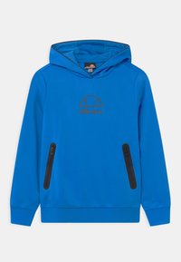 Blue hooded sweatshirt made from soft fabric, featuring a black logo on the chest and two zippered pockets on the front.