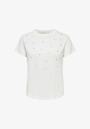Maglietta bianca a maniche corte con piccoli borchietti metallici distribuiti sul davanti e scollo rotondo.
