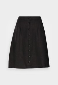 Falda negra en línea A, confeccionada en lino, con un frente abotonado, cintura estructurada y una textura suave.