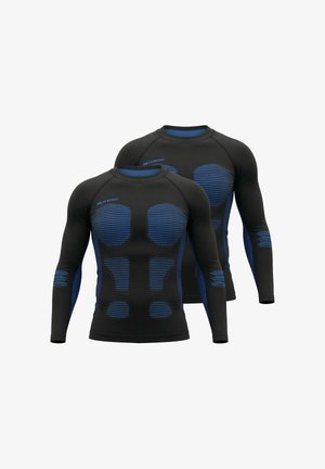 Black long-sleeve base layers with blue striped accents and ribbed texture. Fitted design featuring panels highlighting muscle areas.