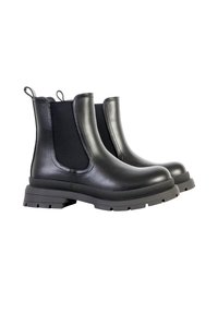 Botas negras de cuero hasta el tobillo con paneles laterales elásticos, suela de goma y acentos texturizados. Acabado suave y diseño de punta redondeada.