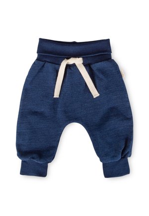 Pantaloni per neonati blu navy con vita elasticizzata, coulisse bianca e polsini alle caviglie, progettati per comfort e facilità di movimento.