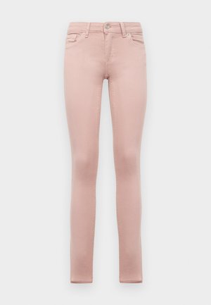 Roza denim skinny jeans z oblikovano silhueto, ki imajo zadrgo, gumbasto zapiranje, pet žepov in subtilno mišljenje.