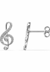 Silverfärgade notklöverörhängen prydda med klara kristaller och med en nålbacke. Designen är elegant med en polerad yta.