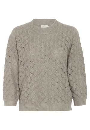 Suéter de punto gris claro con un patrón texturizado, cuello redondo y puños acanalados. Corte holgado con una tela suave y transpirable.