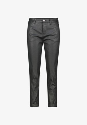 Zwarte, taps toelopende broeken met een gladde textuur, voorzien van een opgerolde zoom, knoopsluiting en standaard riemlussen. Gemaakt van geweven stof.