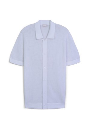 Maglietta a maniche corte bianca in maglia con colletto, chiusura a bottoni e dettagli a coste sui polsini e sull'orlo. Tessuto testurizzato con trama aperta.