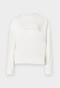Sweatshirt branca feito de tecido suave, apresentando um decote redondo, mangas longas e o logotipo "Barbour International" em rosa claro.