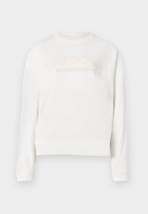 Weißer Sweatshirt aus weichem Material, mit Rundhalsausschnitt, langen Ärmeln und Logo "Barbour International" in Hellrosa.