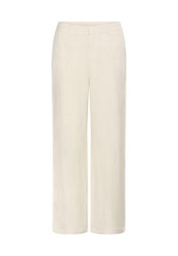 Pantalon en lin blanc cassé, avec une coupe droite, des poches latérales et une texture lisse ornée d'un motif de tissage subtil.
