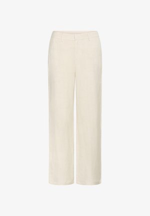 Linen hlače u boji slonovače, s ravnim krojem, bočnim džepovima i glatkom teksturom s suptilnim uzorkom tkanja.