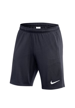 Schwarze Sportshorts mit elastischem Bund und seitlichen Taschen, mit weißem Nike-Logo am linken Bein vor weißem Hintergrund.