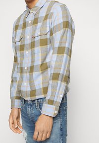 Camicia di flanella a scacchi in blu chiaro, oliva e grigio. Presenta due tasche sul petto, colletto con bottoni e bottoni bianchi. Indossata con jeans in denim.