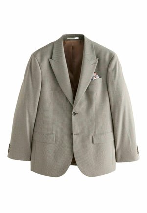 Blazer grigio chiaro monopetto con rever a lancia, chiusura a due bottoni, tasche a pattina e fazzoletto floreale nel taschino sul petto.