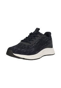 Sneaker mit einem strukturierten navy-blauen Strick-Obermaterial, schwarzem Gummiaußensohle und weißer Zwischensohle. Verfügt über ein traditionelles Schnürsystem und ein Markenetikett.