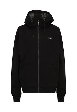 Schwarze Zip-Hoodie mit gefütterter Kapuze, zwei vorderen Taschen, elastischen Bündchen und einem kleinen Logo auf der Brust. Glattes Material mit lässiger Passform.