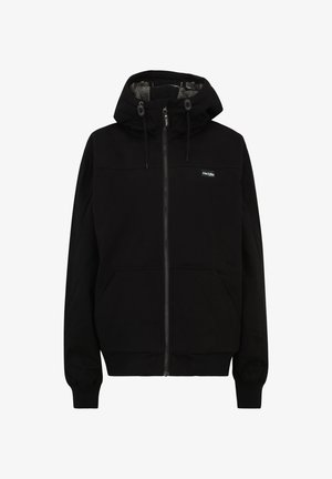 Schwarze Zip-Hoodie mit gefütterter Kapuze, zwei vorderen Taschen, elastischen Bündchen und einem kleinen Logo auf der Brust. Glattes Material mit lässiger Passform.