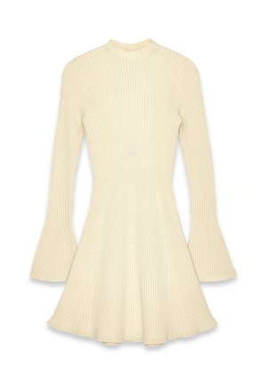 Cream-colored ribbed knit dress with long flared sleeves, fitted waist, and high neckline.