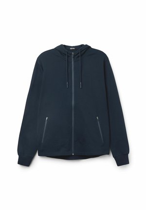 Marineblå zip-up hættetrøje med snørelukning i hætten, sidelommer og ribbede manchetter. Fremstillet af et glat, holdbart stof med et strømlinet design.