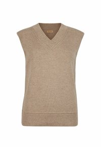 Ärm-lös, v-ringad tröja i en ljusbeige stickning, med ribbade detaljer vid fållen och halsringningen, med en mjuk textur och en avslappnad passform.