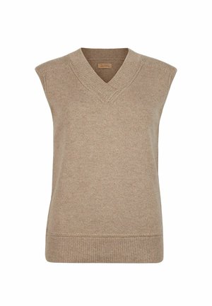 Ärmelloser V-Ausschnitt-Pullover aus leichtem beigem Strick, mit gerippten Akzenten am Saum und am Ausschnitt, weichem Griff und lockerer Passform.