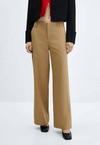 Beige wijde broek met een hoge taille, voorkzakken en subtiele plooien. De stof heeft een gladde textuur, aangevuld met een eenvoudig ontwerp.