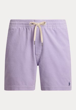 Σορτς από μωβ κορντουρό με ελαστική μέση και κορδόνι για δέσιμο· διαθέτουν μικρό λογότυπο στο τελείωμα.