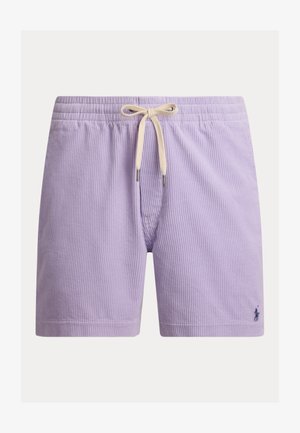 Lillaku värvi velvetist lühikesed püksid, millel on elastne vöökoht ja nööriga kinnis; sellel on väike logo detail hemmi juures.