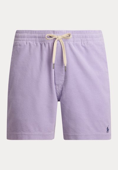 Σορτς από μωβ κορντουρό με ελαστική μέση και κορδόνι για δέσιμο· διαθέτουν μικρό λογότυπο στο τελείωμα.