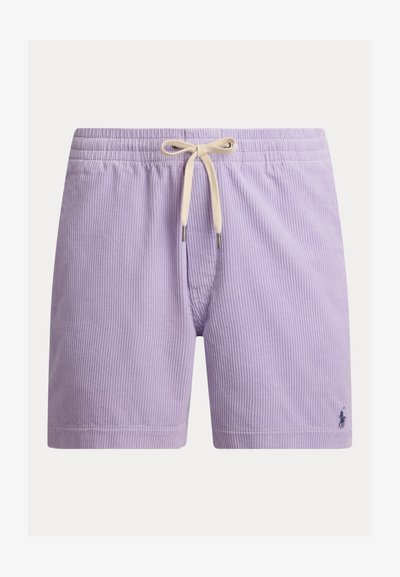 Σορτς από μωβ κορντουρό με ελαστική μέση και κορδόνι για δέσιμο· διαθέτουν μικρό λογότυπο στο τελείωμα.