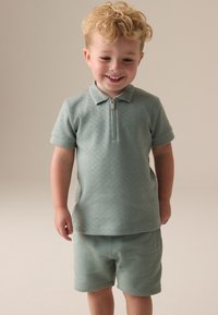 Light green polo shirt with zipper, textured fabric, short sleeves. Matching shorts in the same color and material. Simple, casual design.