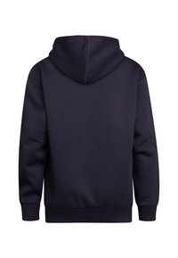 Felpa blu navy con tasca a marsupio, polsini e orlo a costine. Tessuto morbido e strutturato con un cappuccio ampio, adatta per un abbigliamento informale.