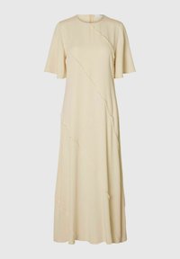 Vestido midi beige con mangas cortas, que presenta un detalle de costura diagonal, escote redondo y una silueta acampanada fluida.