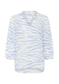 Blusa ligera con escote en V, rayas en azul y blanco imitación cebra, mangas abullonadas y un dobladillo trasero ligeramente más largo. Tela texturizada.