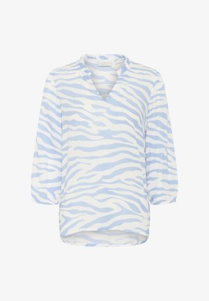 Blusa leggera con scollo a V, righe zebra blu e bianche, maniche a sbuffo e orlo posteriore leggermente più lungo. Tessuto testurizzato.