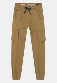 Khaki dresowe joggery z elastycznym pasem i czarnym sznurkiem; zawiera dwie boczne kieszenie oraz dwie duże kieszenie cargo. Gładka tekstura.