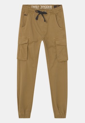 Pantaloni cargo in khaki con vita elasticizzata e cordino nero; dotati di due tasche laterali e due grandi tasche cargo. Texture liscia.