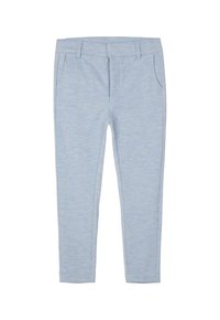 Ljusblå stretchbyxor med en slät yta, som har två framfickor och en figurnära design, lämpliga för avslappnad användning.