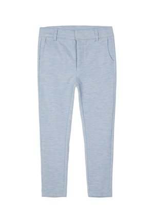 Helle blaue Stretchhosen mit glatter Textur, ausgestattet mit zwei Fronttaschen und einer figurbetonten Passform, geeignet für den Freizeitbereich.