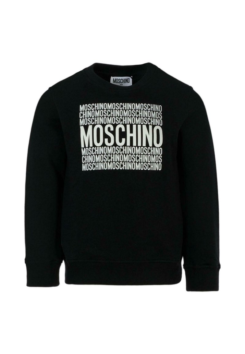 Maglione nero a maniche lunghe con ripetuto motivo testuale bianco "MOSCHINO" e un grande logo "MOSCHINO" in grassetto centrato sul petto.