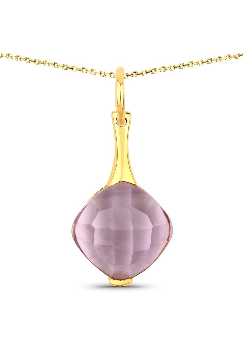 Guldbelagt vedhæng med en facetteret, lys lilla sten i tåreform, hængende fra en delikat kæde.