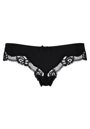 Lingerie nera in pizzo con motivo floreale lungo i bordi e un accento centrale a forma di fiocco. Il tessuto è morbido con una texture semi-trasparente.