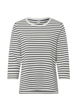 Gestreept T-shirt in het wit met zwarte strepen, ronde halslijn, driekwart mouwen, zacht katoenen mixstof, casual pasvorm.